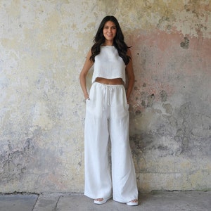 Two Piece Linen Clothing, Linen Top And Pant Set, White Pants And Crop Top, Linen Clothing Womens
