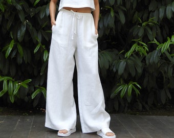 High Waisted Wide Leg Pants, Linen Pants Elastic Waist, White Linen Palazzo Pants, Wide Leg Trousers