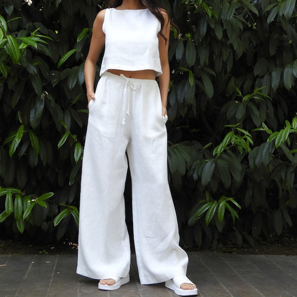 High Waisted Wide Leg Pants, Linen Pants Elastic Waist, White Linen Palazzo Pants, Wide Leg Trousers