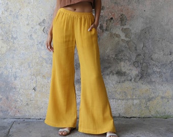 Flare Pants Gauze Cotton, Palazzo Pants, Women's Wide Leg Pants, Cotton Gauze Pants