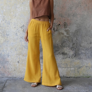 Flare Pants Gauze Cotton, Palazzo Pants, Women&#39;s Wide Leg Pants, Cotton Gauze Pants