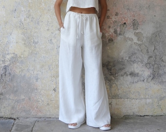 White Organic Linen Palazzo Pants: Women's Wide Leg Summer Trousers