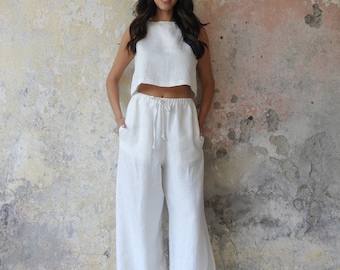 White Linen Pants Set, Wide Leg Linen Pants & Top, White Linen Crop Top, Palazzo Pants, Plus Size Linen Clothing, Luxury Linen Casual Wear