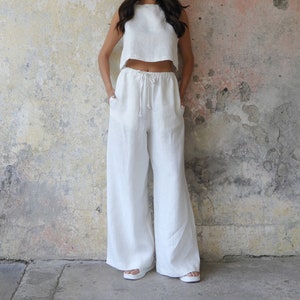 White Organic Linen Palazzo Pants: Women&#39;s Wide Leg Summer Trousers