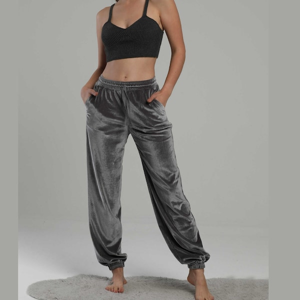 Velvet Pants, Plus Size Pants For Tall Women, Velvet Harem Pants With Pockets, Velvet Joggers, Lounge Pants Elastic Waist