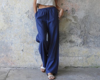 Indigo Linen Pants, Wide Leg Cotton Pants, Drawstring Linen Pants, Cotton Pants With Pockets, Summer Pants For Tall Women