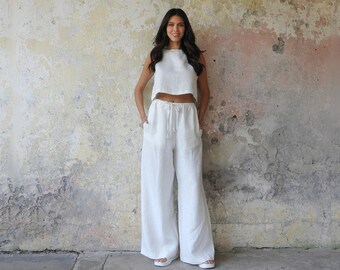 White Linen Pant Set: Sleeveless Crop Top, Palazzo Pants