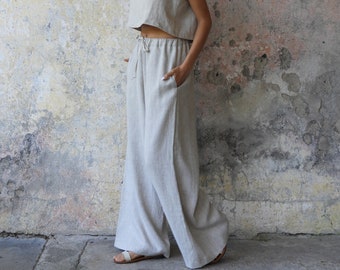 Beige Linen Pants, Wide Leg Pants, Palazzo Pants Women, Plus Size Natural Linen Pants, Tall Womens Linen Trousers