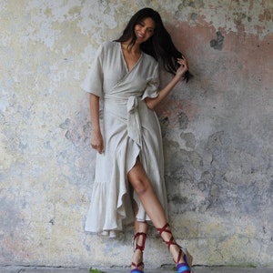 Hemp Dress, Wrap Dress Maxi, Wedding Guest Dress, Hemp Clothing, Goddess Dress Beige, Festival Dress Hemp