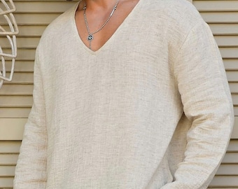 Chemise en chanvre à col en V pour hommes : manches longues, coupe oversize