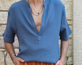 Organic Cotton Gauze V-Neck T-Shirt: Boho Mens Oversized Fit