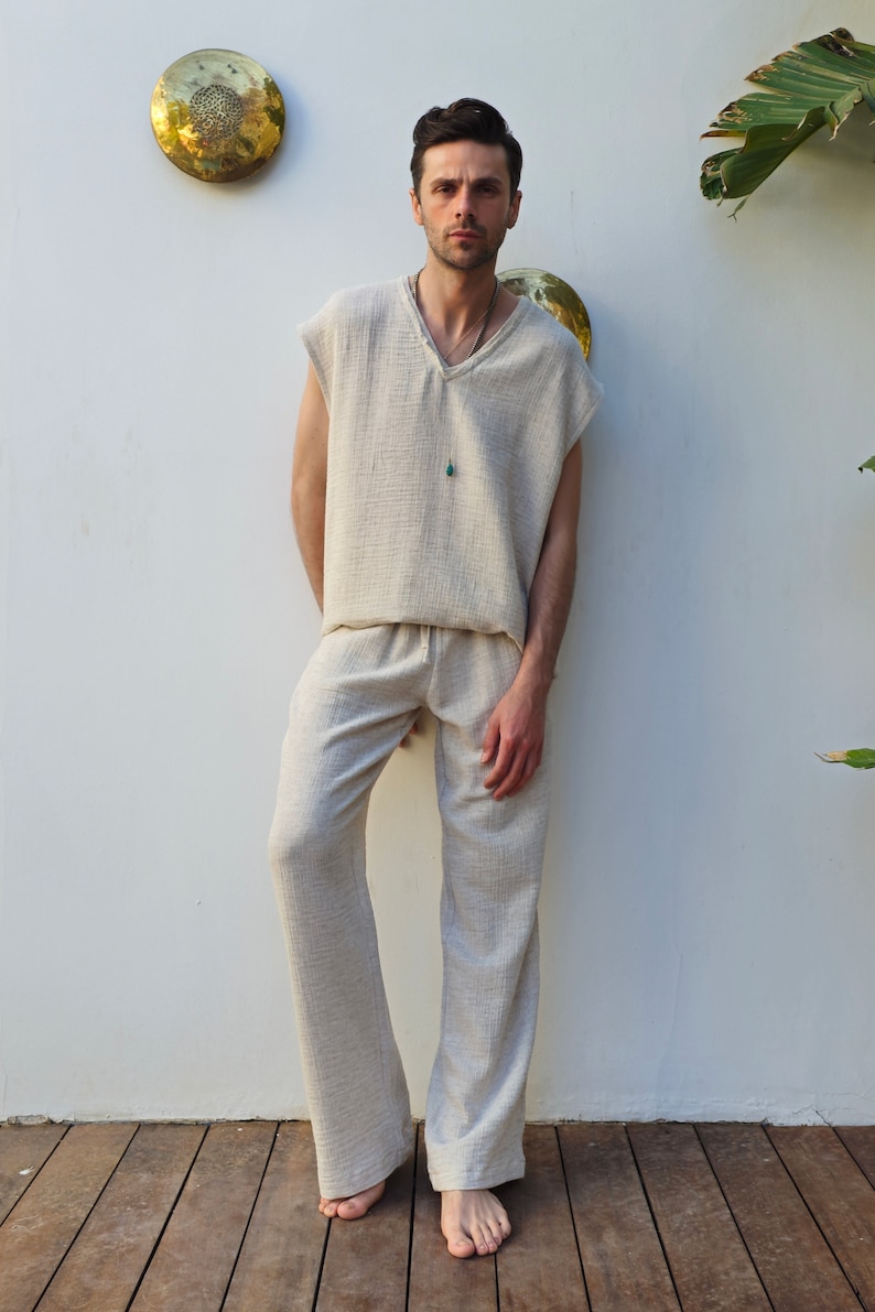 Herrbyxor i hampa med dragsko: Hållbara yogabyxor bild 2