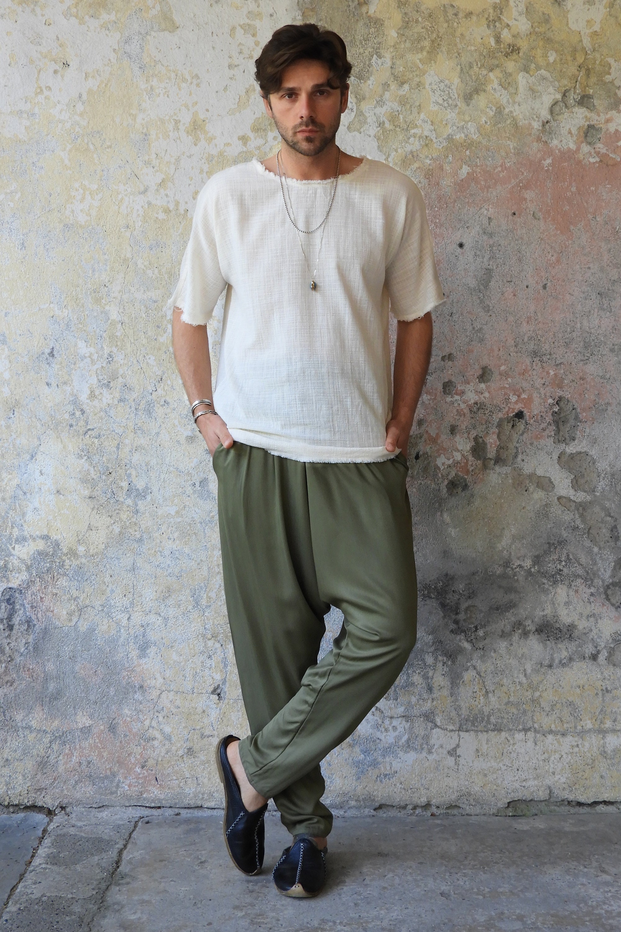 新品　salsation Crotch Pants DARK GREEN Mens Drop Crotch Harem Pants: Green Viscose Cotton Blend - Etsy