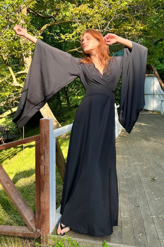 black maxi dress bell sleeves Long Cold Shoulder with by Poly USA 8300 S / Fabric has some stretch Elegant Black Dress With Long