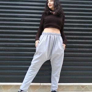 Light Gray Harem Pants: Cotton Blend Drop Crotch Sarouel