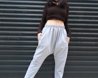 Light Gray Harem Pants: Cotton Blend Drop Crotch Sarouel