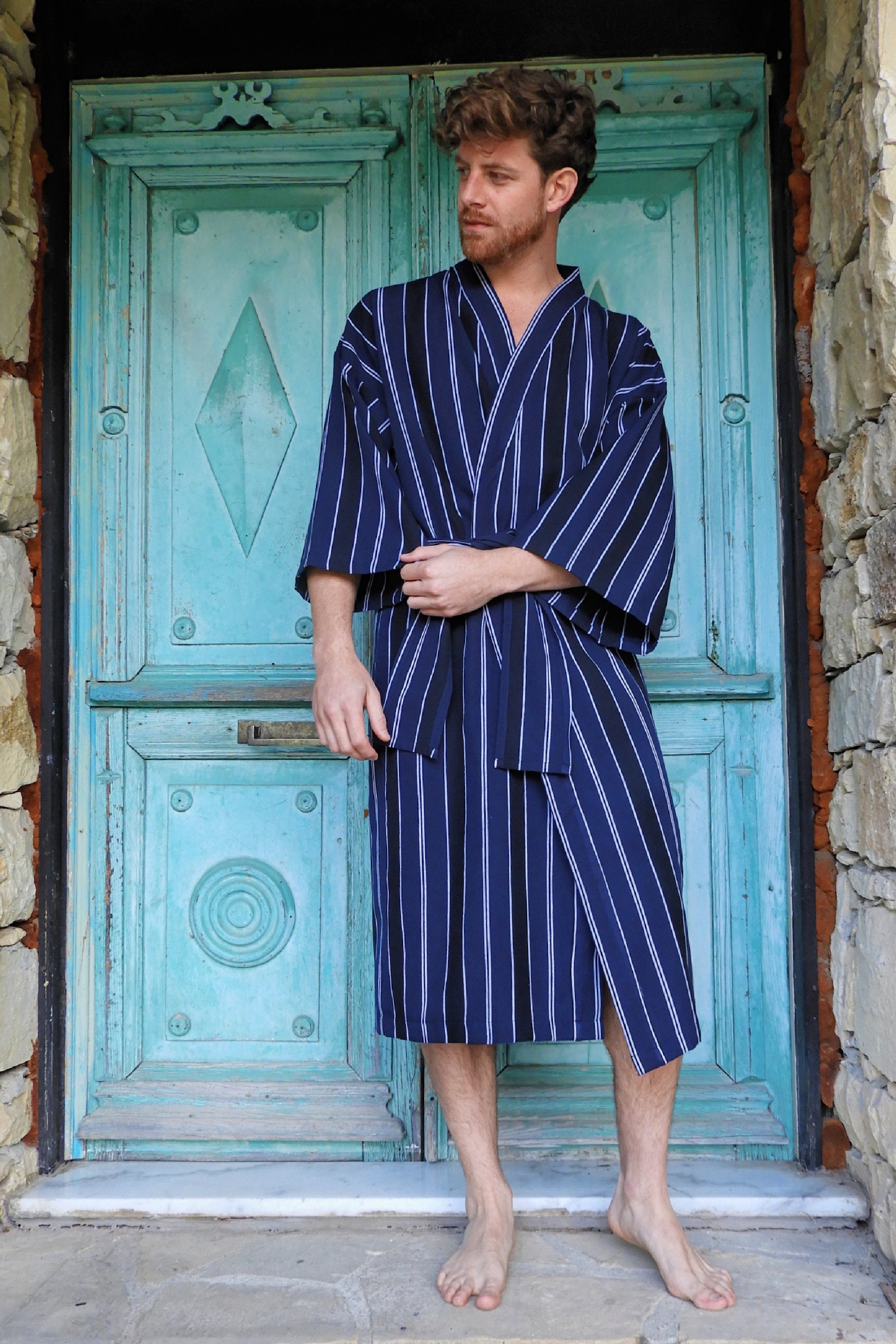 Mens Cotton Robe, Cotton Bathrobe Mens, Dressing Gown Striped, Big Tall Mens  Robe, Navy Blue Kimono Robe, Size S, M, L, XL, 2X, 3X - Etsy