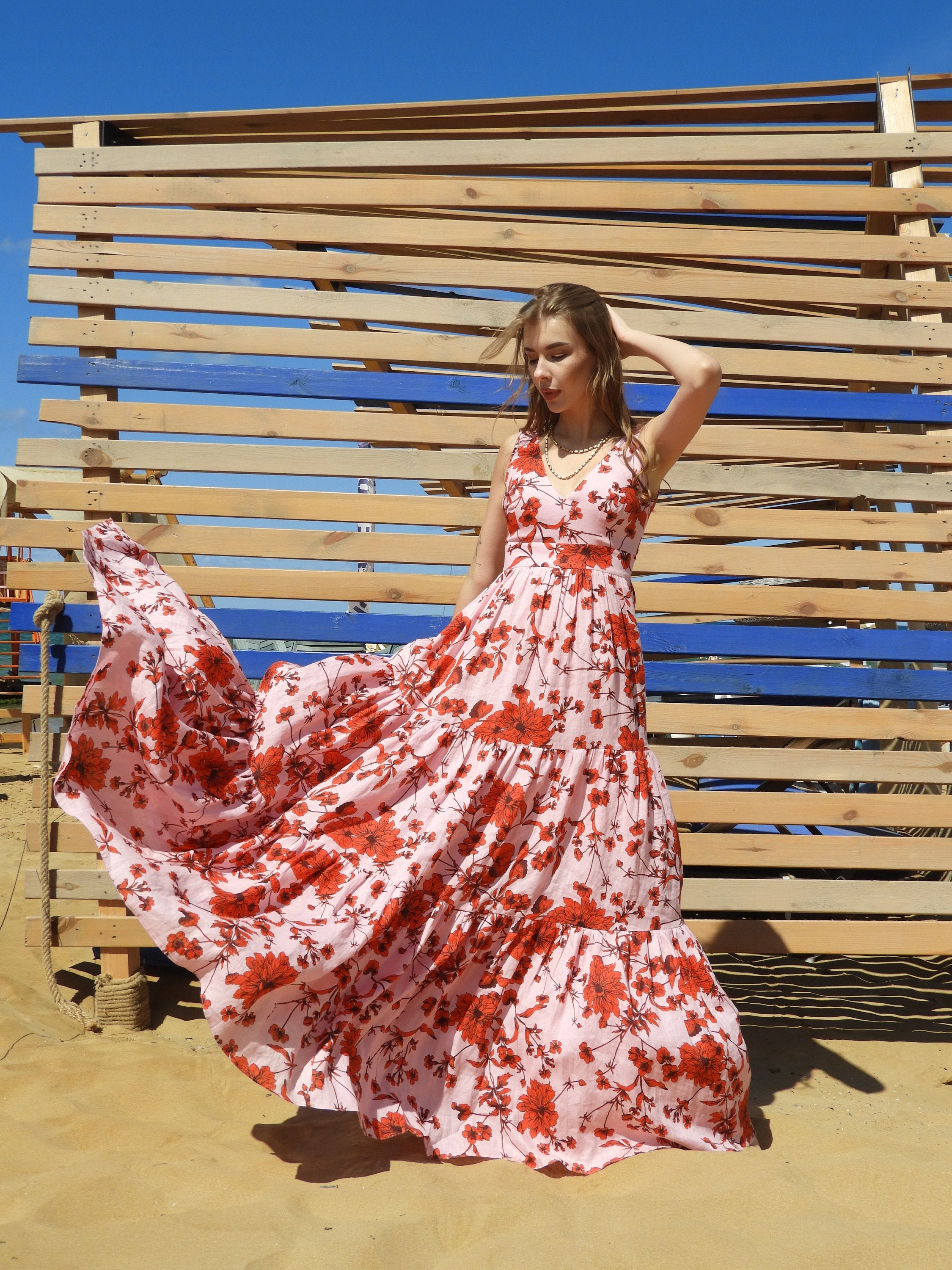 CapsA Womens Summer Maxi Dress Loose Pocket Long Dress Short Sleeve Split Maxi Dresses Floral Printing Beach Dress 