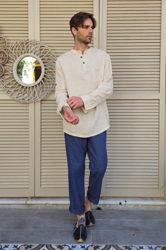 Striped Linen Cotton Shirt: Mens Collarless Long Sleeve Outfit