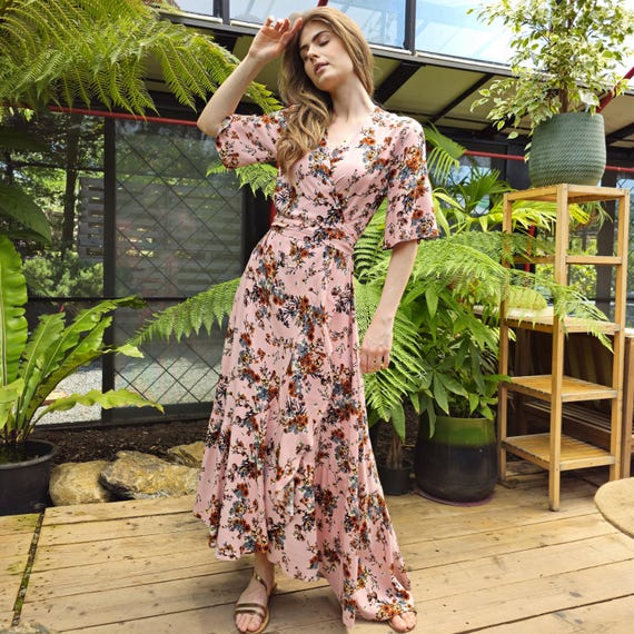 Peony Floral Wrap Maxi Dress: Light Pink Cotton-viscose Boho Wedding Guest  Dress - Etsy Israel