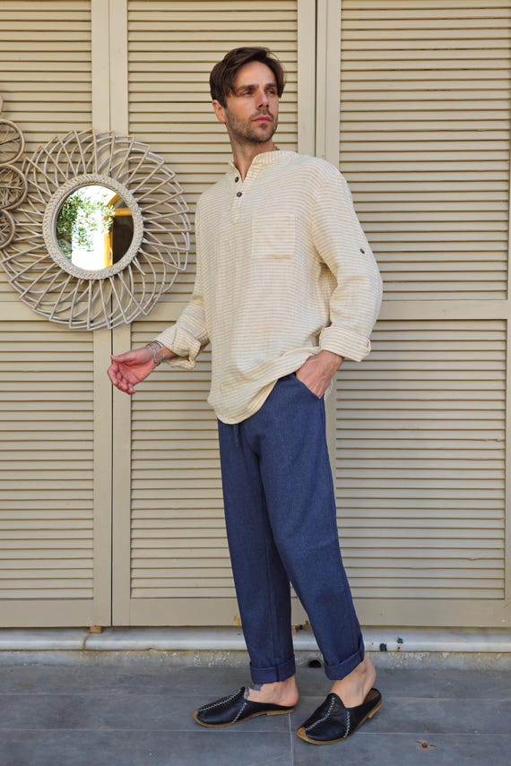 Linen-cotton Blend Relaxed Shirt, Striped : Big & Tall Collarless Tunic - Etsy Linen-cotton Blend Relaxed Shirt, Striped : Big & Tall Collarless Tunic - Etsy