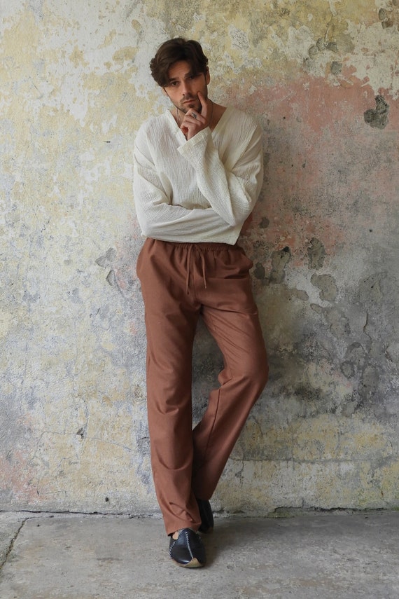 Linen cotton blend men's pants discount