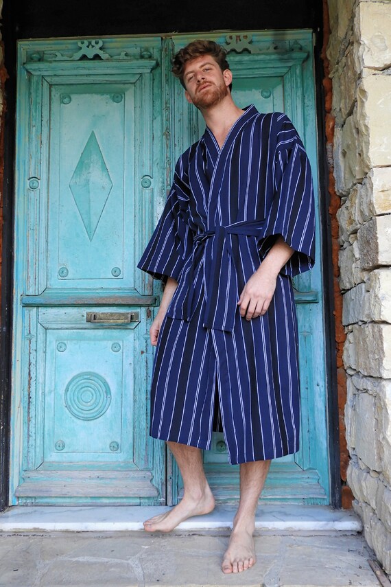 Mens Cotton Robe, Cotton Bathrobe Mens, Dressing Gown Striped, Big Tall Mens  Robe, Navy Blue Kimono Robe, Size S, M, L, XL, 2X, 3X - Etsy