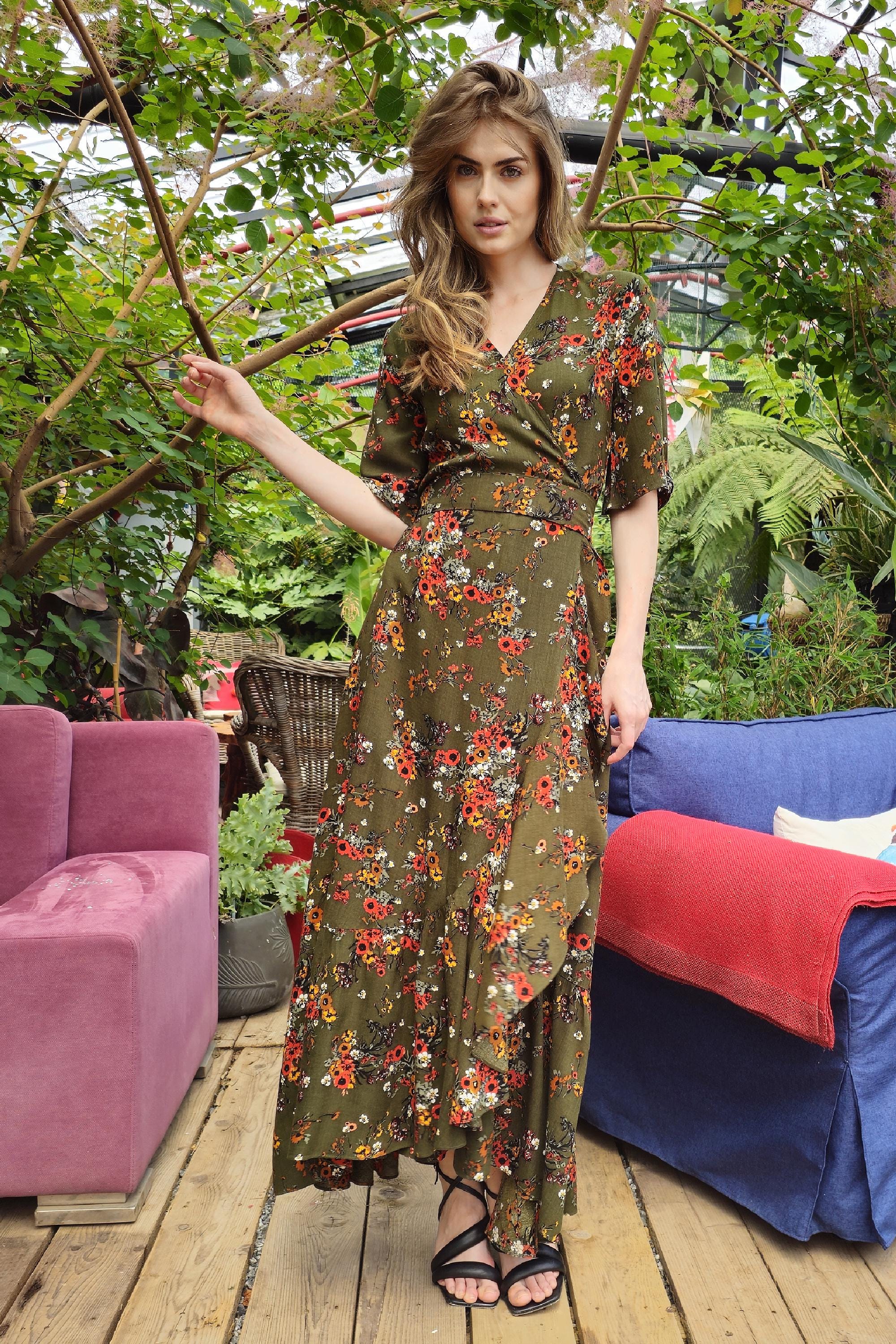 Odana's | PEONY | Shop Chic and Boho Floral Wrap Dresses (Green, Pink) XL / Tall / Green