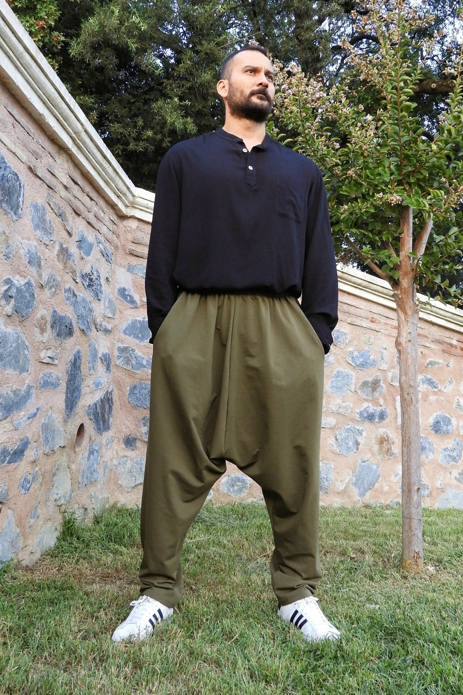 Harem Pants White, Big and Tall Pants Men, Double Gauze Cotton Trousers,  High Waist Baggy Pants, Haremshose Herren 