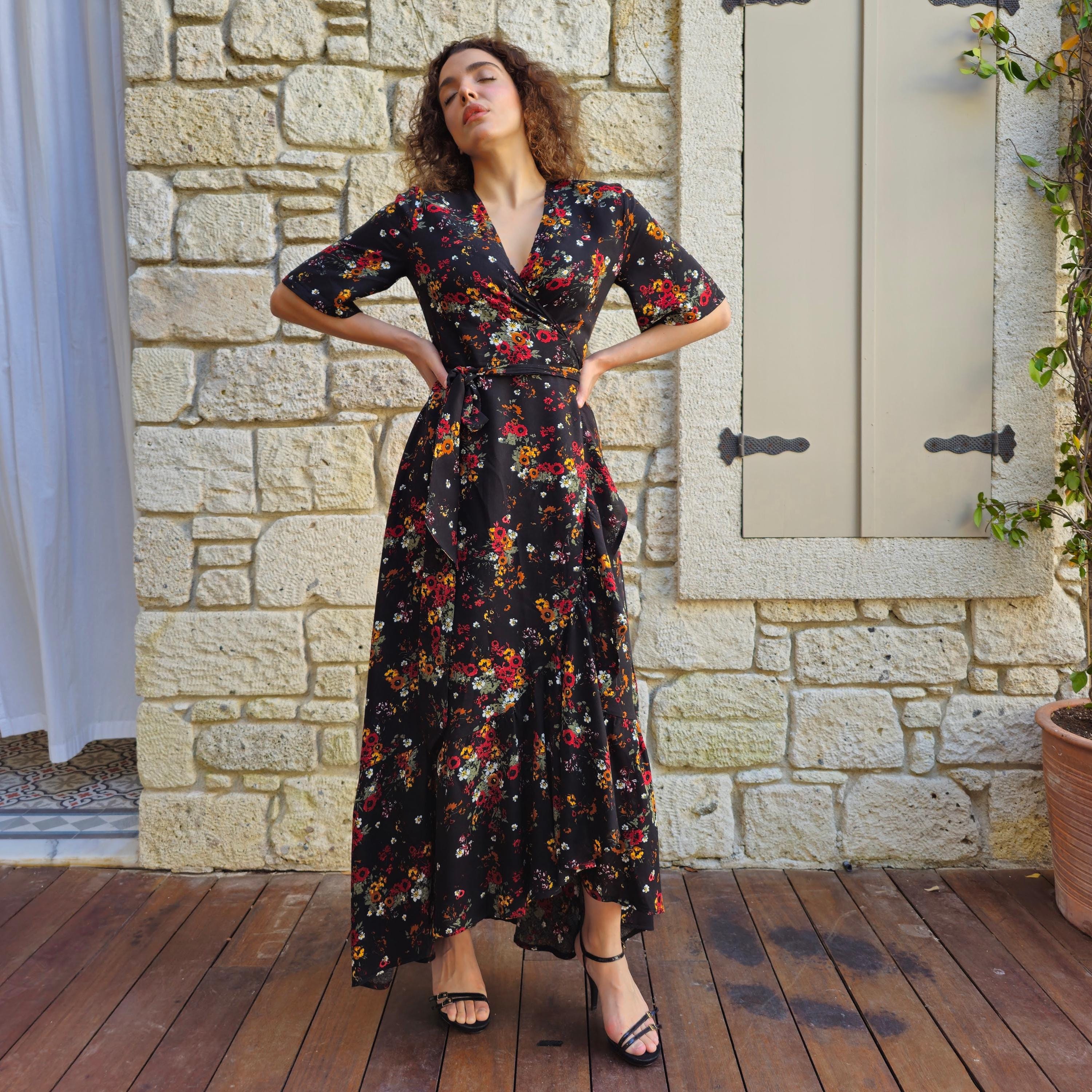 black floral wrap dress Maxi Dress: Boho Cottagecore Wedding Guest mazari Ehqjnj Sexy Birthday Dresses US Child Size:Child-2 A flowy bohemian long