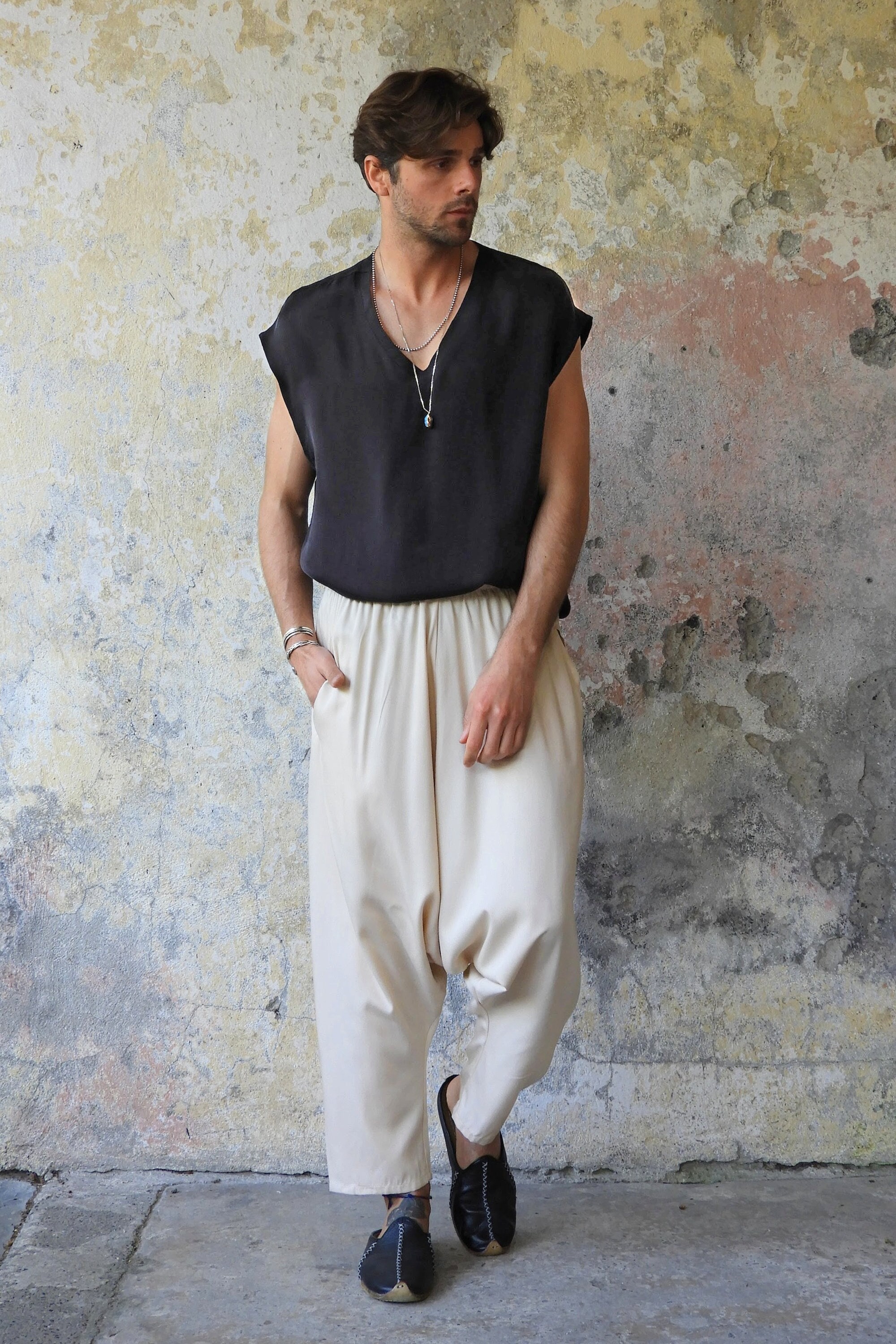 100％本物保証！ Pants, Loose Cropped Harem Pants Baggy Cotton Men, Pants Clothing