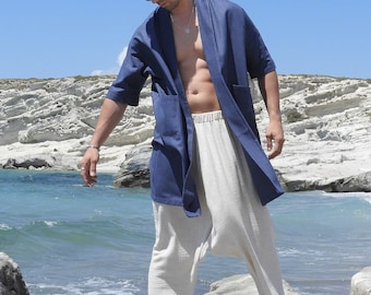Light Indigo Linen Cotton Kimono Robe - Herren Festival Strickjacke