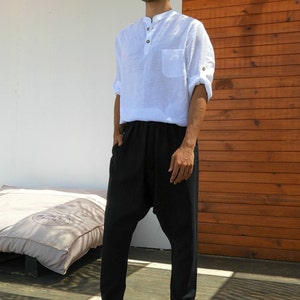 Mens Linen Blend Harem Pants: Drop Crotch Sarouel Trousers image 3