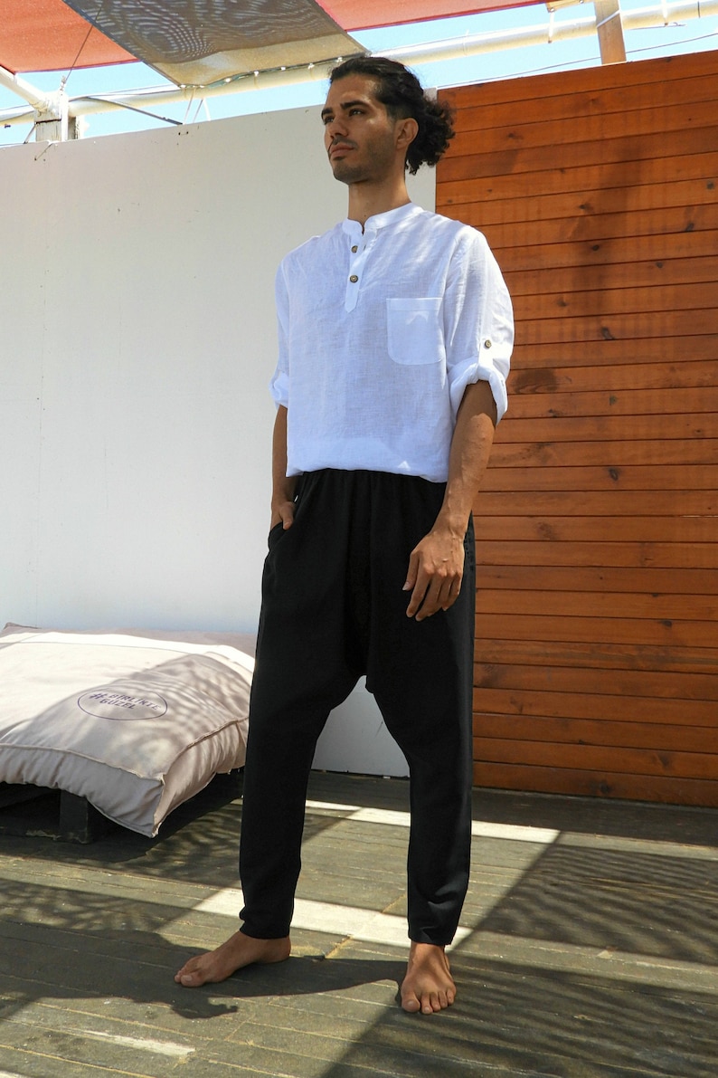 Mens Linen Blend Harem Pants: Drop Crotch Sarouel Trousers image 3