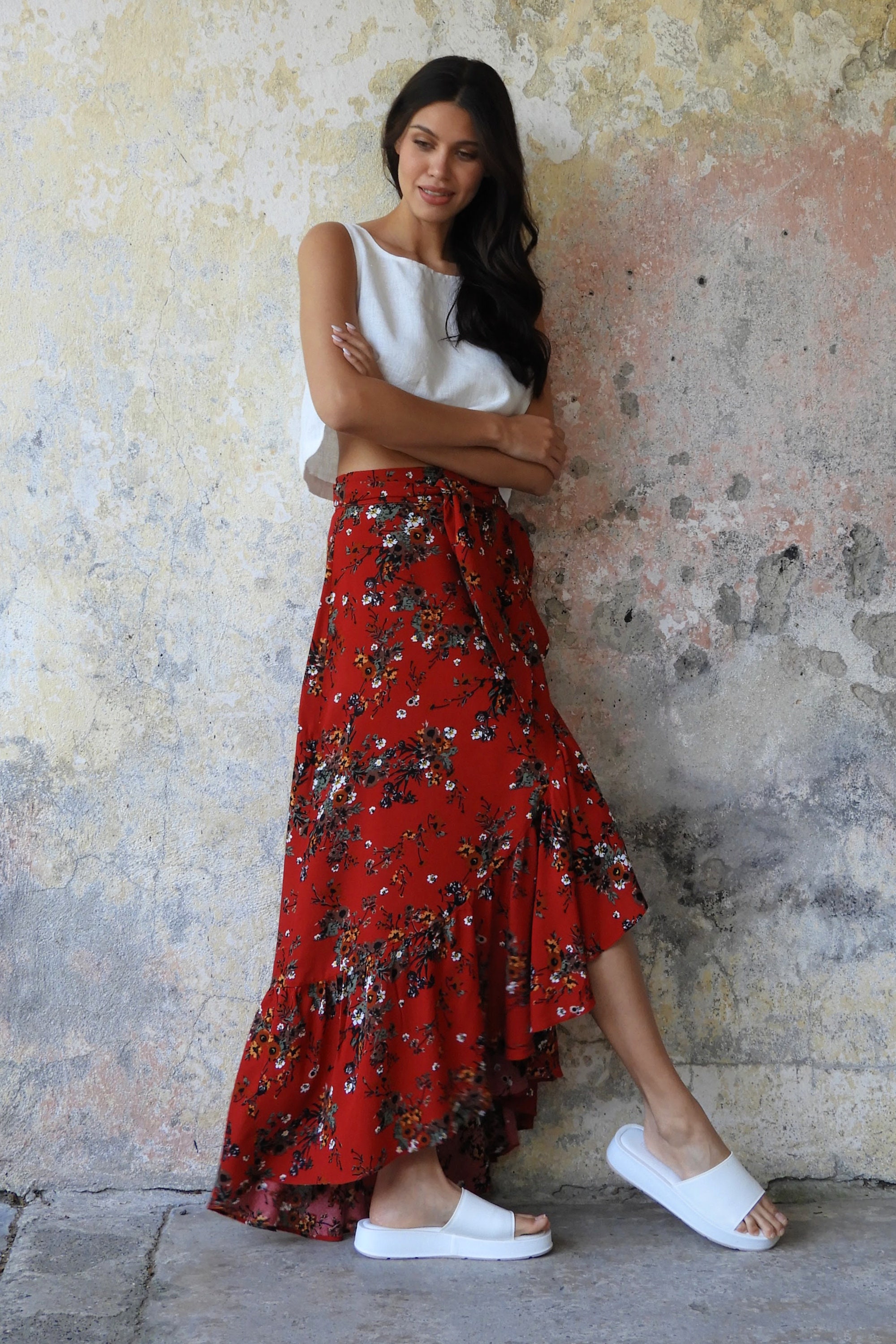 Red Floral Maxi Wrap Skirt: Cotton Blend Plus Size Festival Skirt