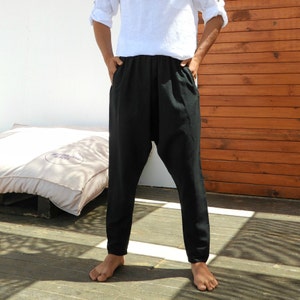 Mens Linen Blend Harem Pants: Drop Crotch Sarouel Trousers image 4