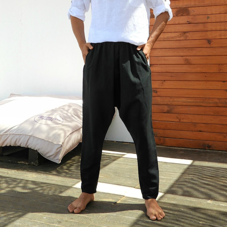 Mens Linen Blend Harem Pants: Drop Crotch Sarouel Trousers image 4