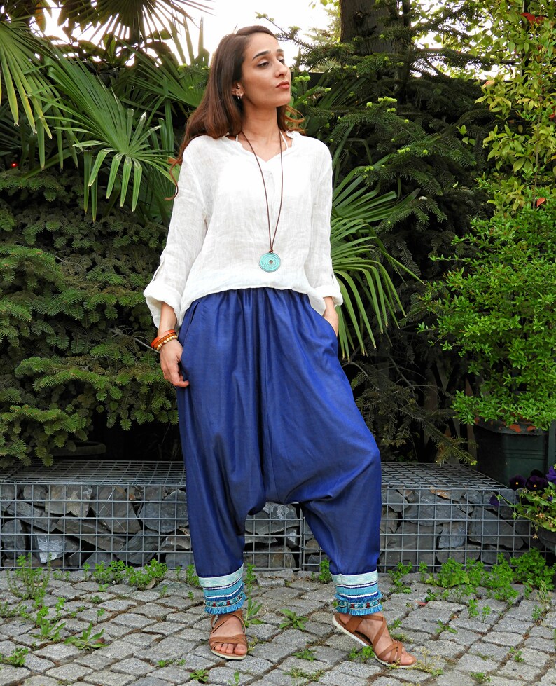 Hippie Pants Gypsy Pants Boho Pants Women Denim Harem Pants Blue Aladdin Pants Harem Pants Women Music Festival Clothing