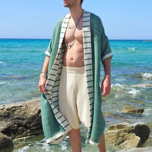 Mens Kimono Reversible, Festival Kimono Long, Organic Cotton Kimono, Mens Kaftan, Striped Kimono Jacket, Big And Tall Men&#39;s Outfits