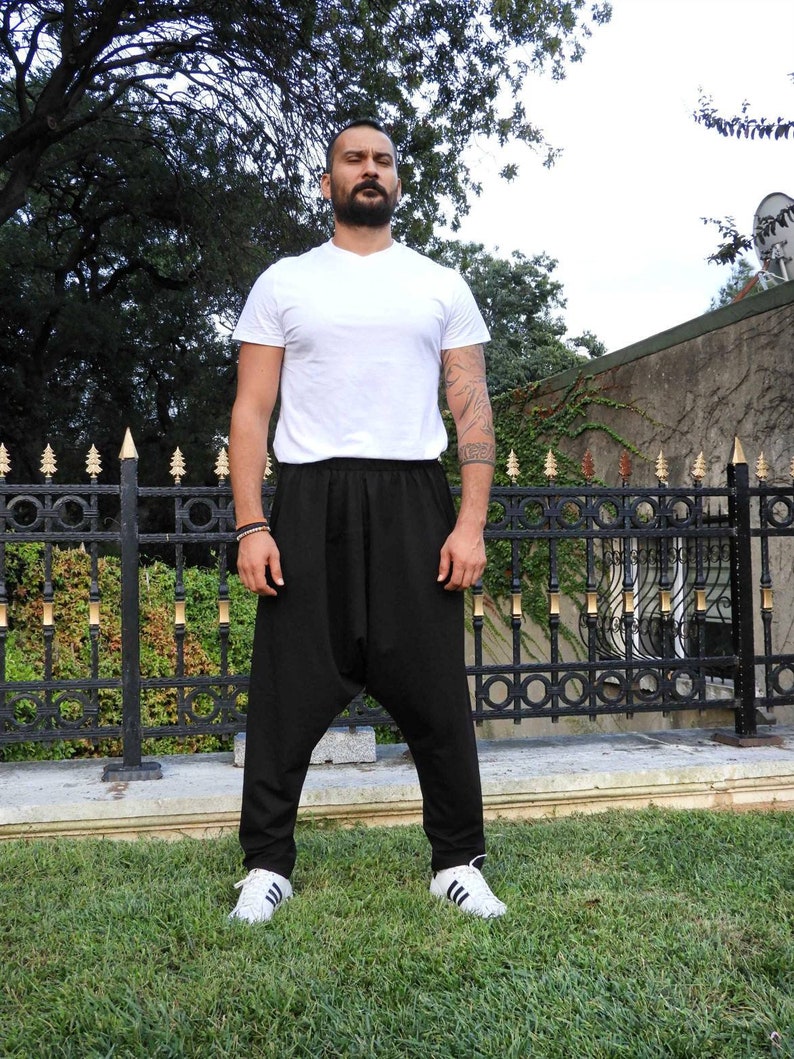 Black Harem Pants Men: Tall Drop Crotch Yoga Pants image 1