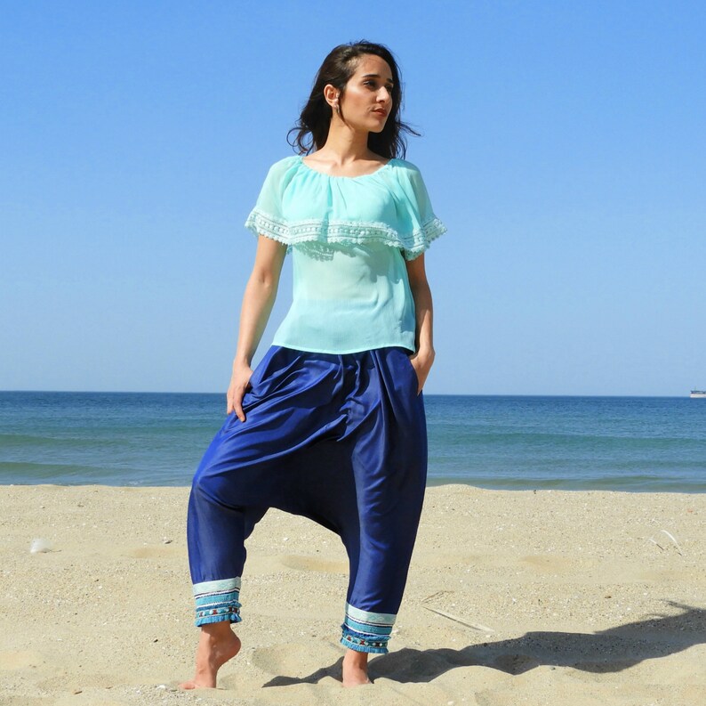 Hippie Pants Gypsy Pants Boho Pants Women Denim Harem Pants Blue Aladdin Pants Harem Pants Women Music Festival Clothing