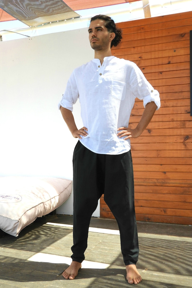 Mens Linen Blend Harem Pants: Drop Crotch Sarouel Trousers image 7