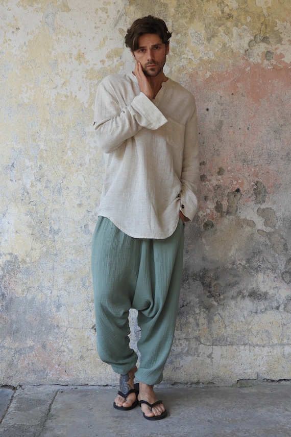 Sage Gauze Cotton Harem Pants: Big & Tall Summer Trousers