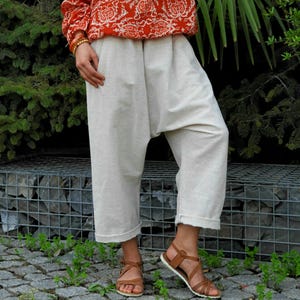 Linen Cotton Harem Pants: Women&#39;s Sustainable Drop-Crotch Trousers