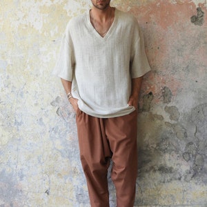 Hemp Shirt For Men, Deep V-Neck Loose Shirt, Natural Hemp Short Sleeve Top, Big And Tall Mens Outfit image 5