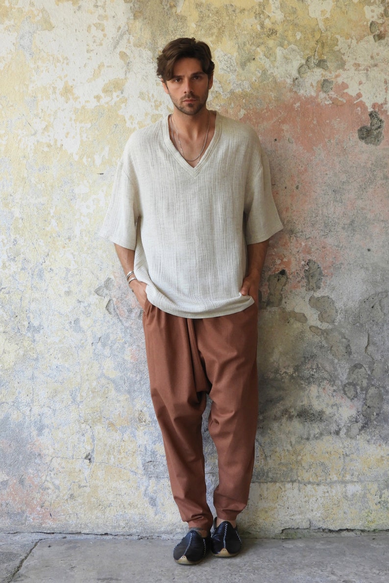 Hemp Shirt For Men, Deep V-Neck Loose Shirt, Natural Hemp Short Sleeve Top, Big And Tall Mens Outfit image 5