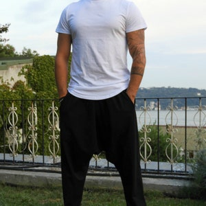 Black Harem Pants Men: Tall Drop Crotch Yoga Pants image 2