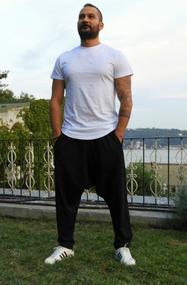 Black Harem Pants Men: Tall Drop Crotch Yoga Pants image 2