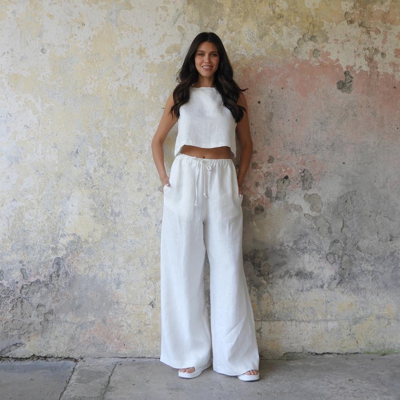 White Organic Linen Palazzo Pants: Women's Wide Leg Summer Trousers image 1