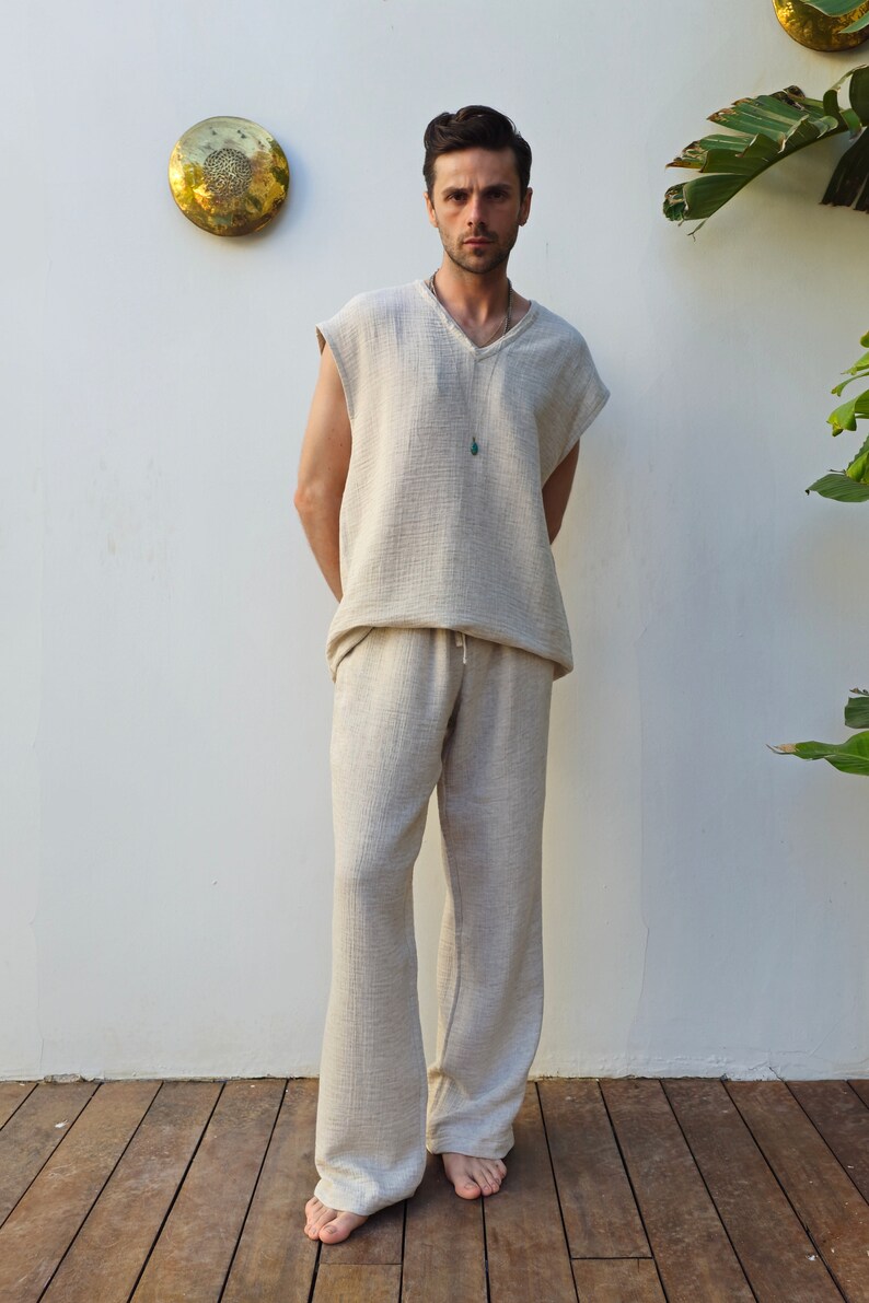 Herrbyxor i hampa med dragsko: Hållbara yogabyxor bild 4